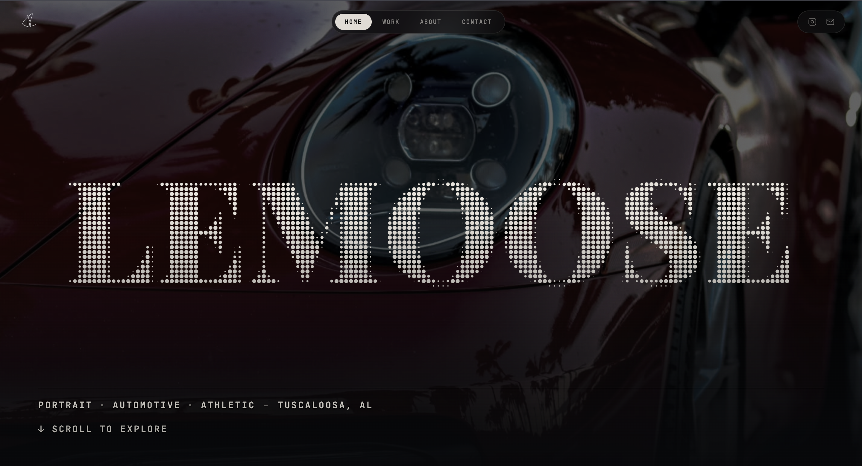 Lemoose Productions homepage — dark moody hero with halftone wordmark over an automotive close-up