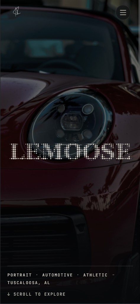 Lemoose Productions mobile homepage — halftone wordmark over automotive hero with portrait, automotive, and athletic categories